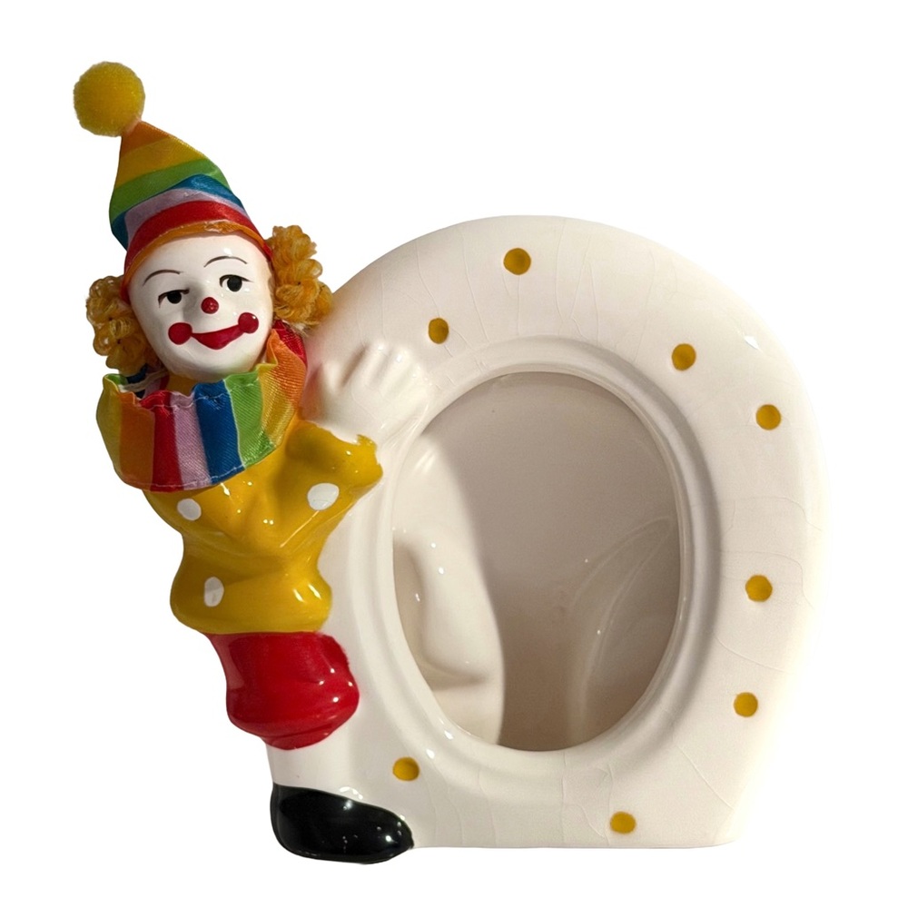 Vintage 4x6 Clown Ceramic Picture Frame Decor Sophia Ann Figure Attached Crazing
